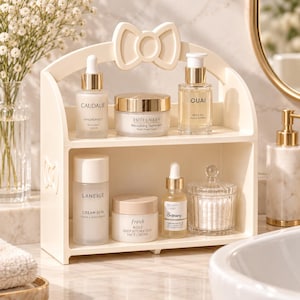 May include: A cream-coloured, two-tiered countertop organiser featuring a decorative bow at the top. The shelves hold various skincare products, including bottles from Caudalie, Estee Lauder, Ouai, Laneige, Fresh, and The Ordinary, plus a glass jar.