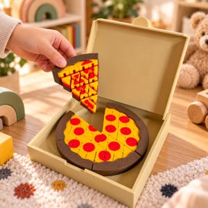 May include: A wooden toy pizza set featuring a brown crust, yellow cheese, and red pepperoni slices, contained within a light tan square box. One triangular slice is being lifted, revealing the segmented construction of the pizza pieces.