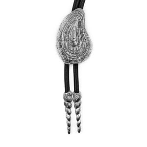 May include: A silver bolo tie with a textured, circular pendant and two spiral-shaped ends. The tie is made of black leather.