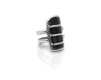 Double Band Black Tourmaline and Sterling Silver Ring - ONE OF A KIND - Black Lantern Series