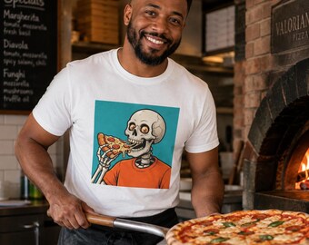 Koszulka z wizerunkiem szkieletu jedzącego pizzę | Ilustracja retro czaszki