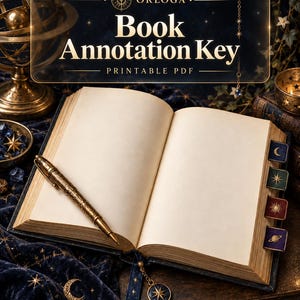 May include: An open book with blank pages and a gold pen resting on the left page. Four colourful page tabs with celestial symbols are attached to the right edge. The text ORLOGA Book Annotation Key PRINTABLE PDF is displayed at the top.