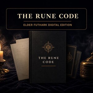Op de afbeelding: Een zwart boek getiteld THE RUNE CODE met een gouden cirkelvormig embleem op de kaft. De set bevat bijpassende kaarten en een lichtgekleurd document. Een brandende kaars in een koperen houder en een kleine koperen pot staan naast het boek.
