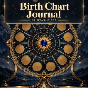 Könnte beinhalten: Ein digitales Journal-Cover mit dem Titel Birth Chart Journal von Orloga, das ein großes goldenes kreisförmiges Tierkreisrad mit zwölf leeren kreisförmigen Feldern, einem zentralen blauen Edelstein-Sonnenmotiv und verzierten metallischen Akzenten zeigt.