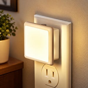 May include: A square white LED night light plugged into a standard wall socket. The device features a flat, illuminated front panel that emits a warm, soft glow, casting light onto the surrounding wall surface and the face of the electrical socket.