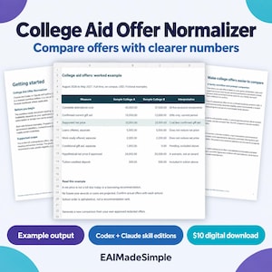 May include: A digital document titled College Aid Offer Normaliser with the subtitle Compare offers with clearer numbers. It displays a spreadsheet table comparing financial aid data between two colleges, flanked by two informational pages.