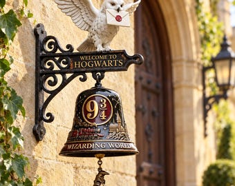 May include: A wall-mounted black metal bell featuring a white owl holding an envelope on top. The bracket reads Welcome to Hogwarts. The bell displays the number 9 3/4, a train, and a castle, with the text Wizarding World and a hanging sorting hat.