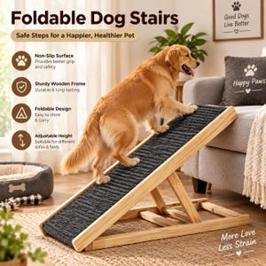 May include: Foldable dog stairs with a light wood frame and a dark grey textured non-slip ramp surface. The product features text including Foldable Dog Stairs, Non-Slip Surface, Sturdy Wooden Frame, Foldable Design, and Adjustable Height.