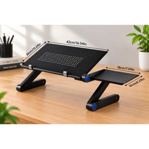 May include: A black adjustable laptop stand with a perforated surface, featuring a side mouse tray and blue circular adjustment knobs. The main platform measures 16.54 inches by 10.24 inches, and the side tray measures 7.09 inches by 6.29 inches.