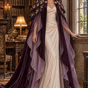 May include: A floor-length cream-colored gown with a sweetheart neckline paired with a deep purple velvet cape. The cape features a high collar, gold leaf embroidery along the shoulders, and layered sheer purple fabric panels along the sides.