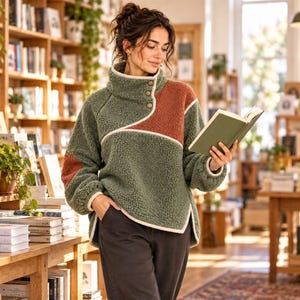 Fleece Pullover Sewing Pattern PDF, Sage and Terracotta Raglan Sweatshirt, Snap Collar Top, A4 Letter A0 Projector Download