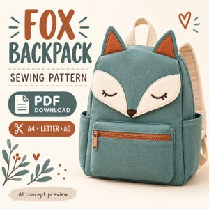 Può includere: Uno zaino a forma di volpe color verde acqua con dettagli del viso e delle orecchie color crema, una tasca frontale con cerniera e spallacci beige. Il testo recita: FOX BACKPACK SEWING PATTERN, PDF DOWNLOAD, A4 LETTER A0 e AI concept preview.