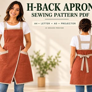 May include: An H-back apron sewing pattern PDF featuring a rust-colored apron with beige trim, two front pockets, and a tie-back closure. The text reads H-BACK APRON SEWING PATTERN PDF, A4, LETTER, A0, PROJECTOR, and AI DESIGN PREVIEW.