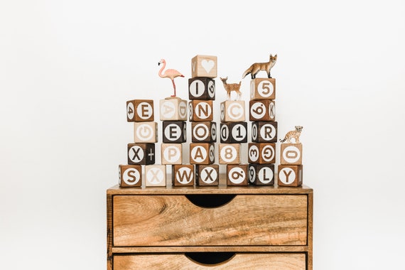 26 Mixed Wood Alphabet Blocks Abc 123 Wooden Toy Building Counting Math Baby