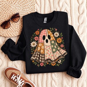 Patchwork Floral Ghost PNG, Checkered Boho Fall Artwork, Retro Halloween Graphic, Preppy Shirt Design