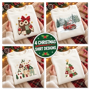 May include: Four white sweatshirts featuring Christmas-themed graphics: an owl with a red bow, a red truck in a snowy forest, a village of houses with holiday patterns, and a patchwork Christmas tree. A central circular label reads 4 CHRISTMAS SHIRT DESIGNS.