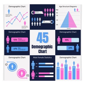 Puede incluir: Una infografía de gráfico demográfico que presenta varias visualizaciones de datos, incluyendo gráficos de líneas, circulares, de barras y una pirámide de edad. El diseño utiliza iconos azules y rosas para representar datos, con el texto 45 Demographic Chart.