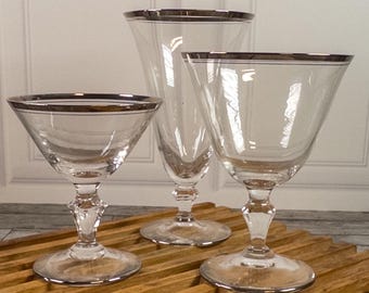 Vintage Platinum Silver Rim Crystal Stemware Set of 3 Goblet Champagne Iced Tea
