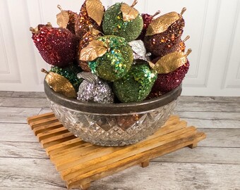 Vintage Glitter Beaded Artificial Fruit Set with Cut Glass Bowl Centerpiece