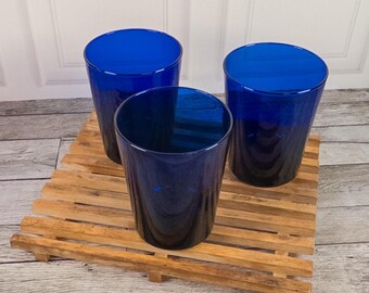 Set of 3 Vintage Cobalt Blue Glass Tumblers Drinking Glasses 4.5 Inch Tapered