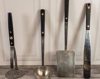 Vintage Ekco Flint Stainless Vanadium Kitchen Utensil Set Masher Spatula 4pc