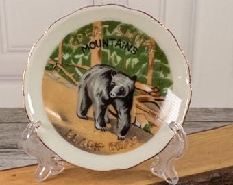 Vintage Great Smoky Mountains Black Bear Mini Souvenir Plate Japan with Stand