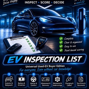Könnte beinhalten: Ein digitaler Leitfaden mit dem Titel VINNY CARS EV INSPECTION LIST für den Kauf eines gebrauchten Elektrofahrzeugs. Er zeigt ein dunkelblaues Auto, ein Klemmbrett mit Checkliste, ein Schichtdickenmessgerät mit 128µm Anzeige und sieben Symbole.