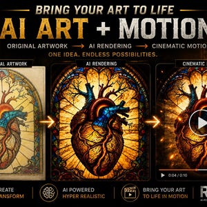 May include: A digital graphic titled BRING YOUR ART TO LIFE AI ART + MOTION showing a three-step process: original artwork, AI rendering, and cinematic motion. Each step features a stained glass style anatomical heart illustration with gold and blue tones.