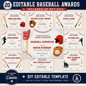Op de afbeelding: Een verzameling van 20 bewerkbare honkbal-oorkonden met de tekst 20 Editable Baseball Awards en Louisiana Cardinals 2026 Season. De ontwerpen bevatten illustraties van honkbalbats, handschoenen, helmen en schuimrubberen vingers.