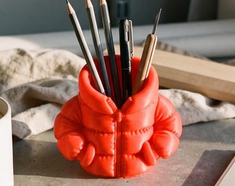 3D-printed puffer jacket pen holder, pen holder in 6 colors, desk organizer, office decor, back-to-school & home office gift