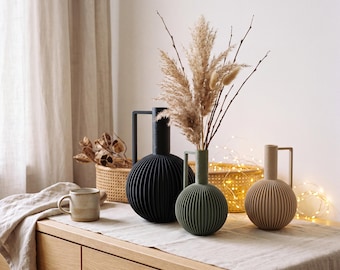 Modern ribbed jug vase, 3D printed vase made of PLA for dried flowers, decorative vase in three sizes and three colors, minimalist Scandinavian decor
