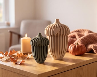 Acorn-shaped box with lid and small decorative acorn in a set of 2, modern autumn decoration made with a 3D printer, autumn decoration in beige and olive green