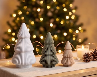 Christmas tree set of 3 from a 3D printer, modern Christmas decoration in white, minimalist fir trees for windowsill and table