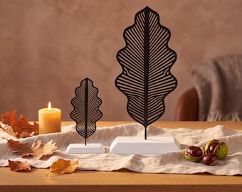 Oak leaf stand decoration, set of 2 in black with white base, modern autumn decoration made with 3D printing for shelves and windowsills