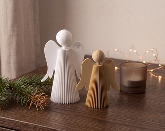 Angel decorative figures, set of 2, 3D printed, modern ribbed design in white and beige, Christmas decoration for sideboard and windowsill