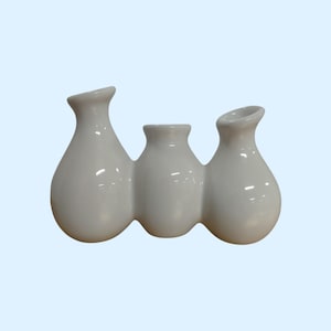 Vintage White Ceramic Triple Bud Vase Conjoined Three Chamber 4 Inch