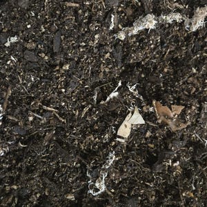 May include: A dark brown potting soil mixture composed of organic matter, including small wood chips, fibrous plant material, and fine soil particles. The texture is coarse and uneven, featuring scattered light-colored wood fibers and debris.