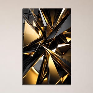 May include: A vertical rectangular wall art piece featuring a high-contrast abstract composition of sharp, angular geometric shards in metallic gold and deep black. The surfaces have a reflective, polished finish that creates depth and light.