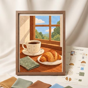 Peut inclure: Un modèle de broderie encadré représentant une tasse de café et un croissant sur une table en bois près d'une fenêtre, avec une fiche d'instructions, six carrés de tissu pliés de diverses couleurs, un bloc en bois et des ciseaux.