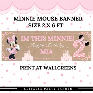 Minnie Mouse "Det här är Mimmi!"-födelsedagsbanderoll, redigerbar Canva-mall, digital nedladdning, 72x24 målad handmålad banderollmall