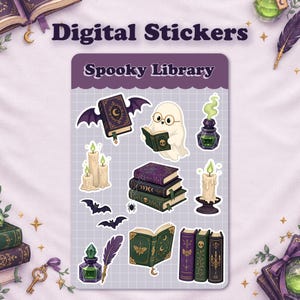Puede incluir: Una hoja de pegatinas digitales titulada Spooky Library con ilustraciones de un fantasma leyendo, libros de hechizos apilados, velas, frascos de pociones, murciélagos y una pluma sobre un fondo de cuadrícula morado claro.