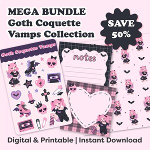 Puede incluir: Una colección digital titulada MEGA BUNDLE Goth Coquette Vamps Collection que incluye hojas de pegatinas con personajes de pelo rosa, calaveras, murciélagos, patines y casetes, junto con papel de notas rayado y un bloc de notas en forma de corazón.