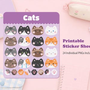 Puede incluir: Una hoja de pegatinas imprimible de color morado con el texto Cats en la parte superior, que contiene dieciséis ilustraciones de caras de gatos con diversas expresiones y ocho huellas de gato en cuadrícula, con el texto Printable Sticker Sheet 24 Individual PNGs Included.