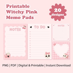 May include: A set of printable pink memo pads featuring 20 designs, including notes and to-do lists with cherry, skull, and heart graphics. The text reads Printable Witchy Pink Memo Pads, 20 designs, NOTES, TO DO, and PNG | PDF | Digital & Printable | Instant Download.