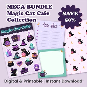 Puede incluir: Un paquete digital Magic Cat Cafe que incluye una hoja de pegatinas con gatos negros, cristales y sombreros de bruja, una lista de tareas morada, un bloc de notas turquesa y papel estampado con gatos y lunas. Texto: MEGA BUNDLE, Magic Cat Cafe, SAVE 50%.