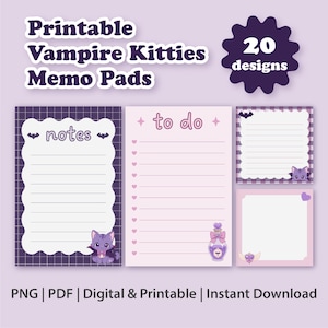 May include: A set of printable memo pads featuring 20 designs of vampire kitties. The collection includes various rectangular and square sheets with purple and light pink color schemes, featuring illustrations of cats, bats, hearts, and potion bottles with text labels like notes and to do.