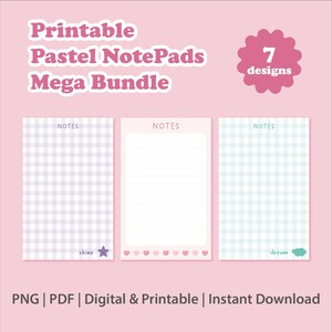 Puede incluir: Un paquete digital de blocs de notas pastel imprimibles con siete diseños. La imagen muestra tres hojas rectangulares con el texto 'NOTES' en la parte superior, incluyendo patrones de cuadros morados, líneas rosas y cuadros turquesas.