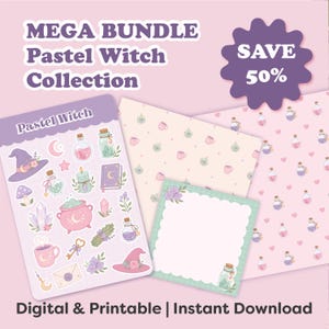 Puede incluir: Una colección digital titulada MEGA BUNDLE Pastel Witch Collection con una insignia de ahorro del 50%. Incluye una hoja de pegatinas con ilustraciones de brujas, un papel estampado con iconos pequeños y una nota cuadrada con borde festoneado.