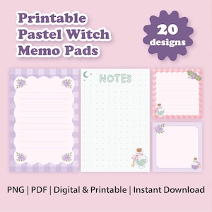 May include: A set of printable pastel witch memo pads featuring 20 designs. The collection includes various stationery sheets with lined, dotted, and blank layouts, decorated with floral accents, potion bottles, and the text Printable Pastel Witch Memo Pads.