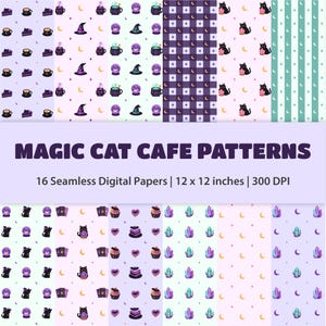 Puede incluir: Una colección de 16 papeles digitales sin costuras titulada MAGIC CAT CAFE PATTERNS, 30,48 x 30,48 cm, 300 DPI. Los patrones incluyen ilustraciones de gatos negros, lunas crecientes, bolas de cristal, calderos, sombreros y pasteles.